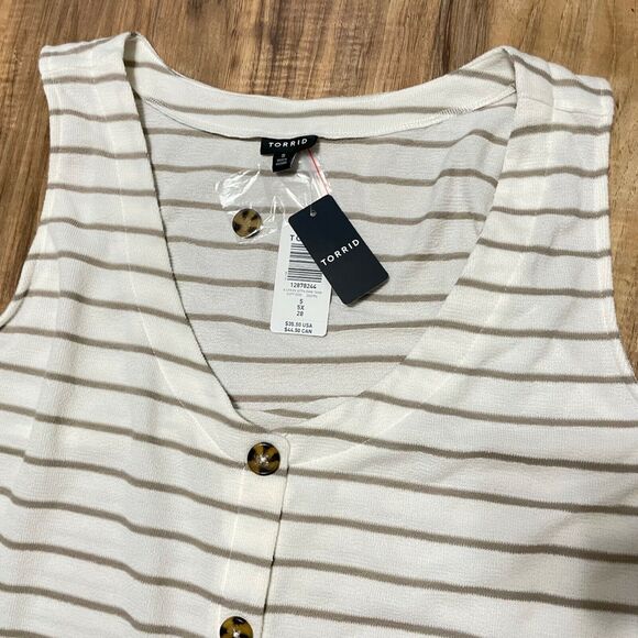 Torrid Womens 5 (5X) White Tan Striped Knit Tank Top (Faux Buttons) - NWT - Picture 2 of 7